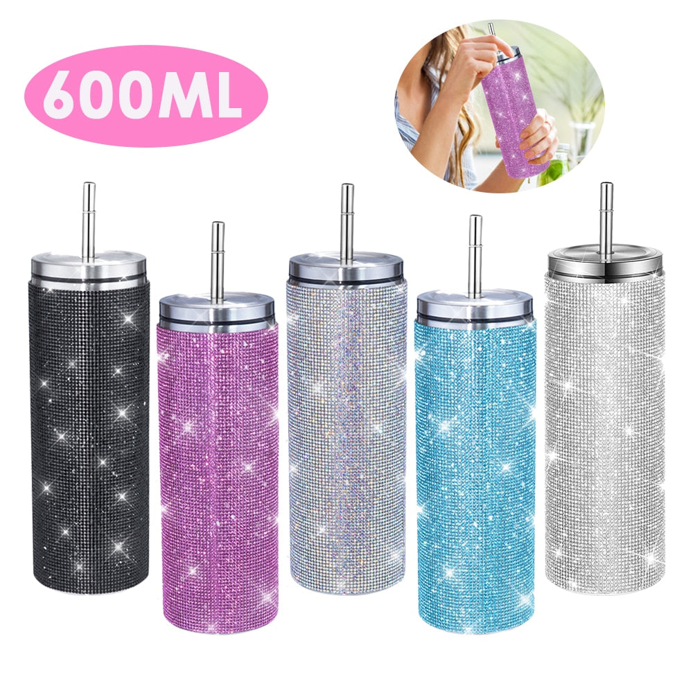 600ml Rhinestone Drinking Bottle with Straw