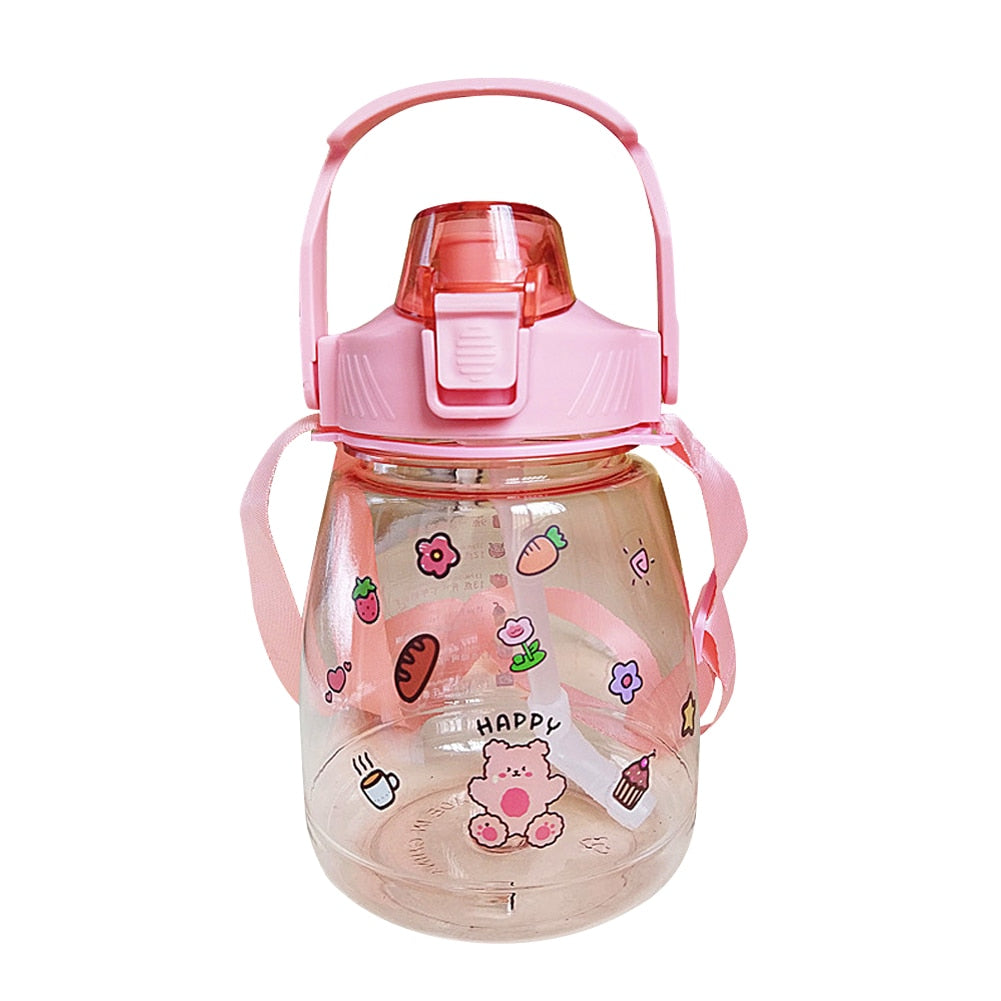 1300ml Big Belly Cup, Large Capacity, Straw Water Bottle With Cartoon Straw Strap