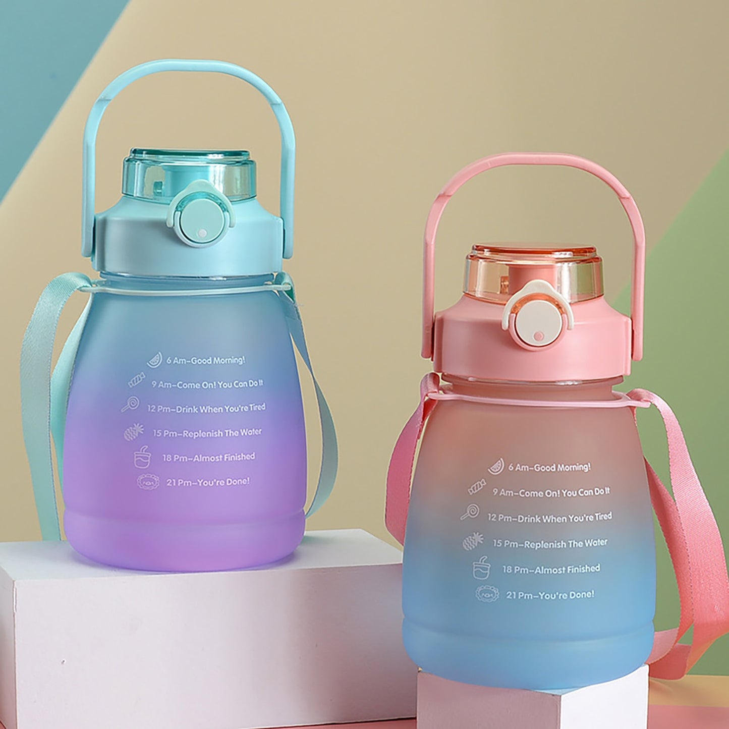 1300ml Big Belly Cup, Large Capacity, Straw Water Bottle With Cartoon Straw Strap