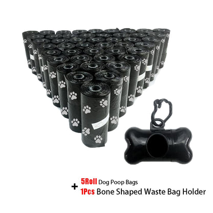 Pet Poop Bags Disposable, Bulk Bags with Leash Clip and Bone Bag Dispenser 5Roll(75Pcs) Bags with Paw Prints