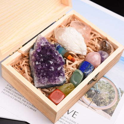 11pc Natural Amethyst Cluster Healing Stones wooden box