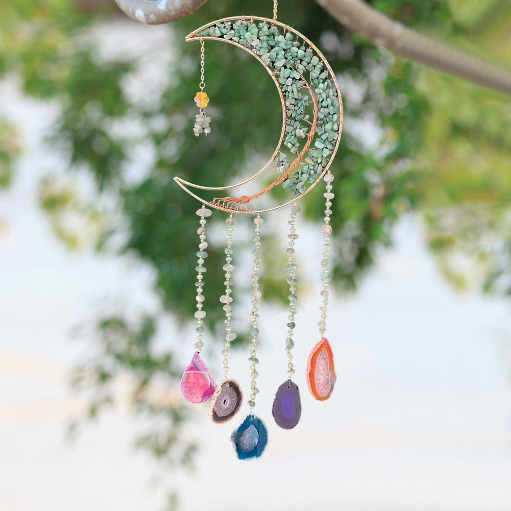 Natural Agate Pendant, Tree Of Life Rainbow Light Catcher Wind Chime