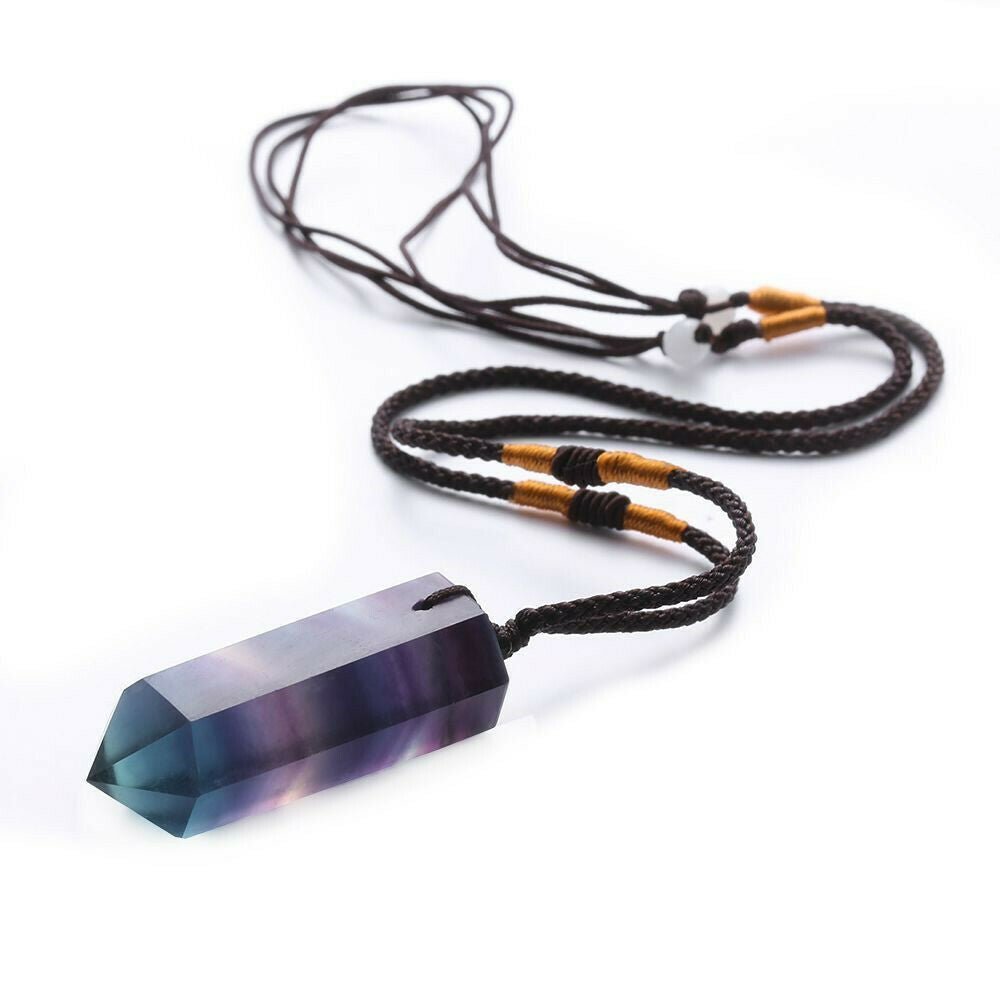 Natural Fluorite Quartz Crystal Point Wand Pendant Chakra Stone Necklace