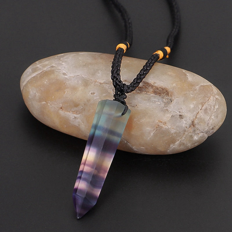 Natural Fluorite Quartz Crystal Point Wand Pendant Chakra Stone Necklace