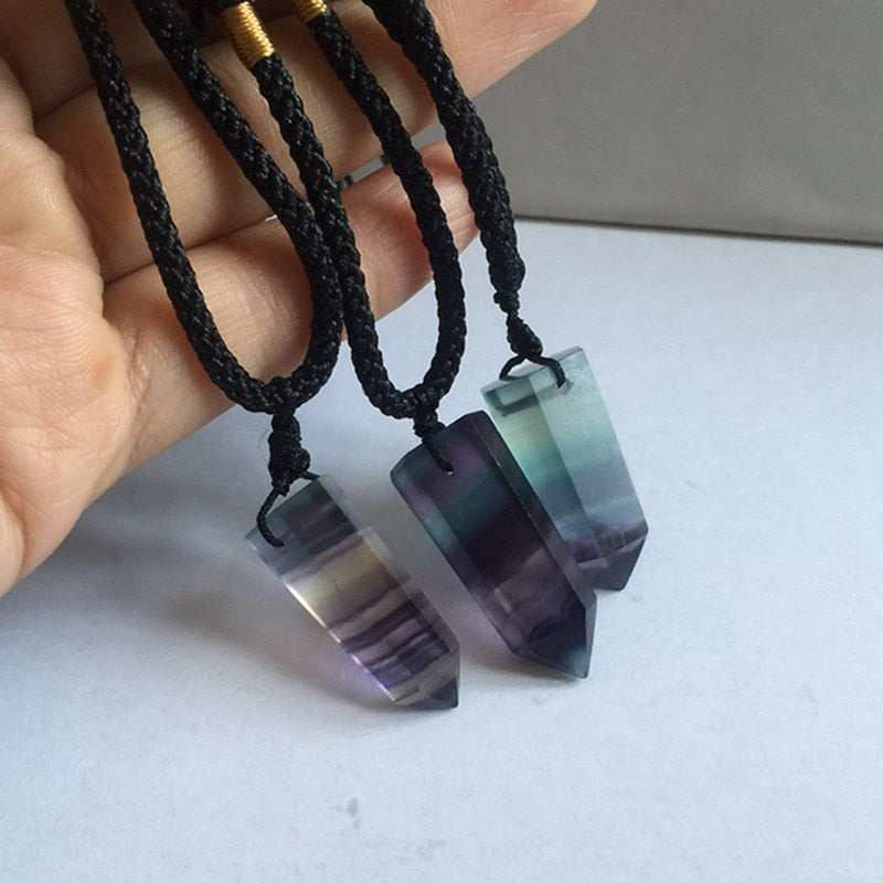 Natural Fluorite Quartz Crystal Point Wand Pendant Chakra Stone Necklace