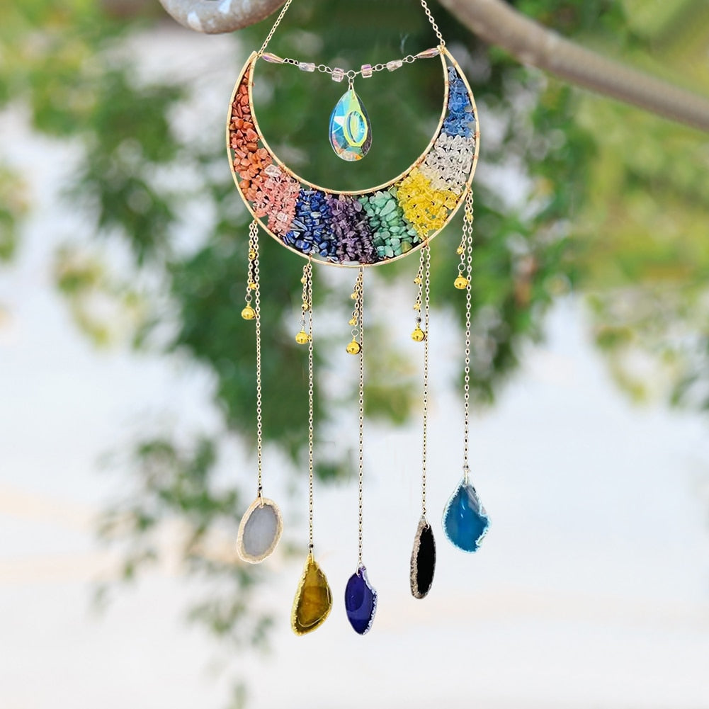 Natural Agate Pendant, Tree Of Life Rainbow Light Catcher Wind Chime