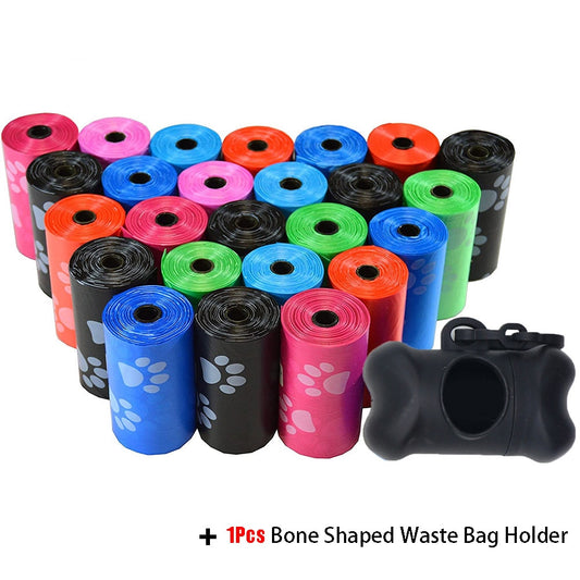 Pet Poop Bags Disposable, Bulk Bags with Leash Clip and Bone Bag Dispenser 5Roll(75Pcs) Bags with Paw Prints