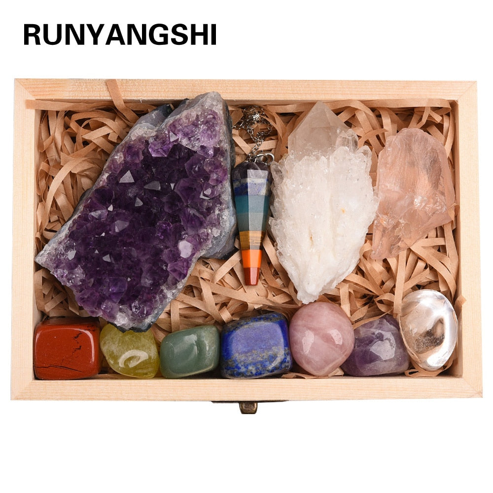 11pc Natural Amethyst Cluster Healing Stones wooden box