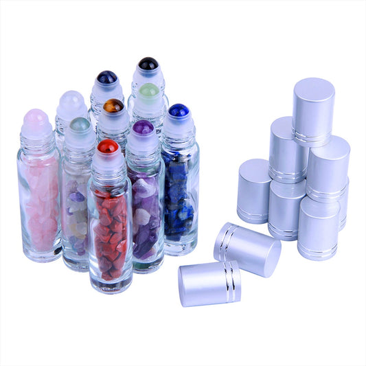 10pcs Natural Semiprecious Stones, Essential Oil Gemstone 10ml Roller Ball Bottles Transparent Glass Healing Crystal Chips Inside