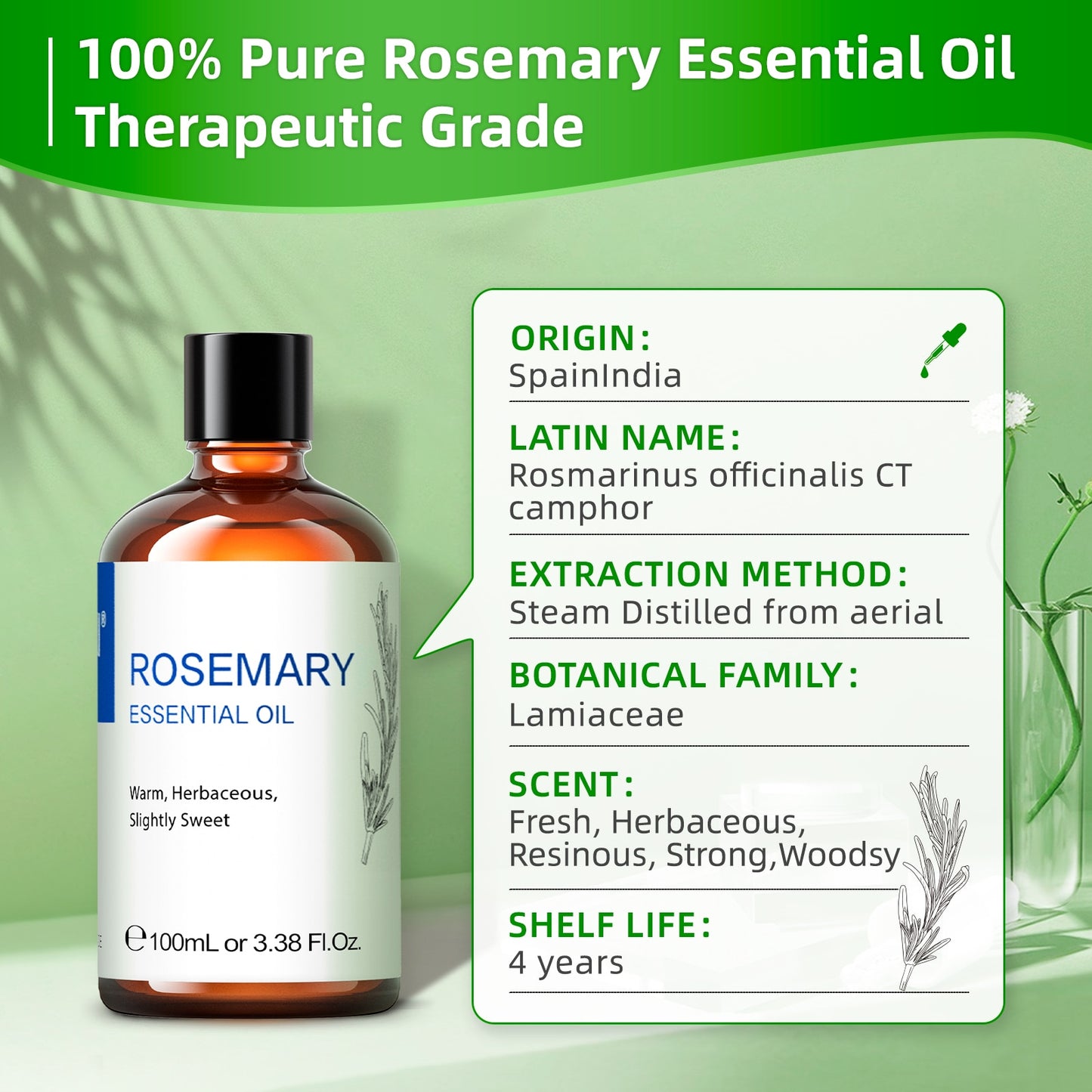 100ML Rosemary Essential Oils,100% Pure Nature for Aromatherapy